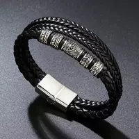 A men's retro leather rope bracelet with a unique Viking totem punk fortune bead woven leather black jewelry for your boyfriend thumbnail 5