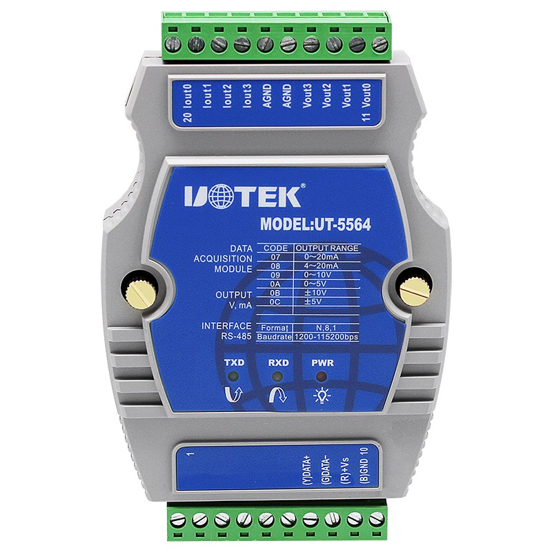 宇泰UT-5564A RS485转4路模拟量输出4通道0-10v 4-20毫安采集模块