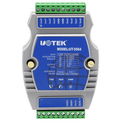 宇泰UT-5564A RS485转4路模拟量输出4通道0-10v 4-20毫安采集模块
