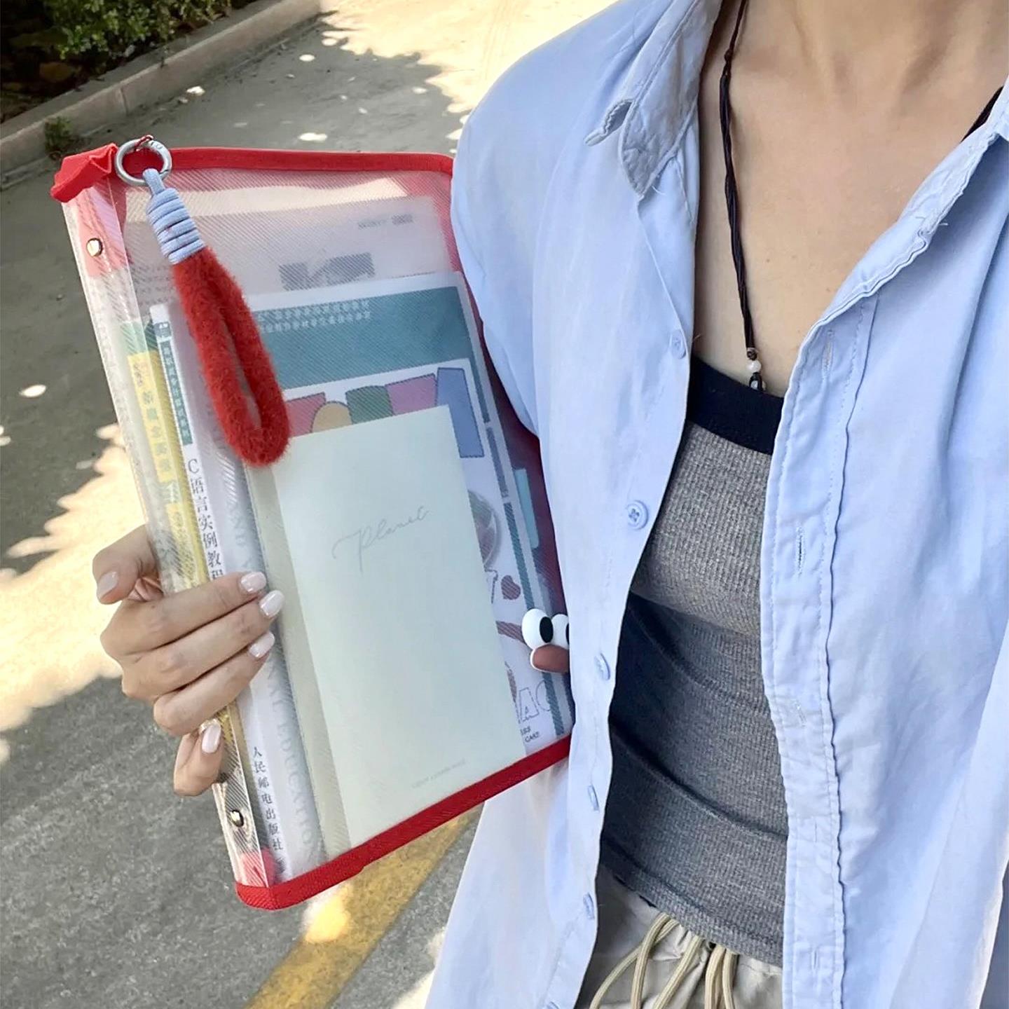 可携式文件袋大容量拉炼 炼 式防水A4透明文件夹试卷收纳高颜值学生开 学