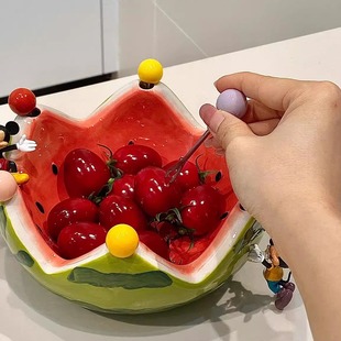 西瓜水果碗高颜值带叉子果盘果盆可爱水果签套装 家用不锈钢水果叉
