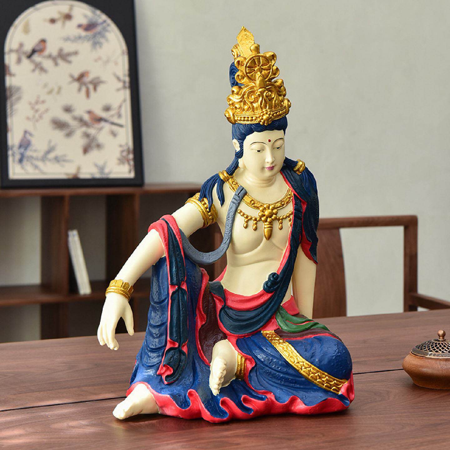 中式水月自在观音菩萨摆件佛像雕塑禅意中国风茶室玄关装饰品