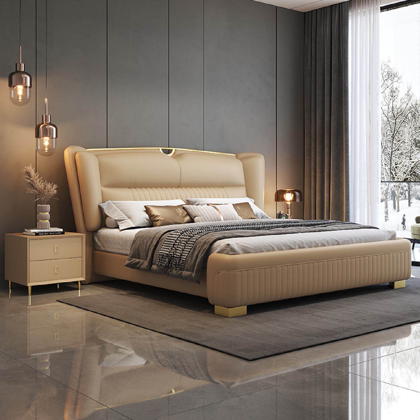 轻奢真皮床现代简约主卧1.8米双人大床意式新款主卧婚床2米软体床