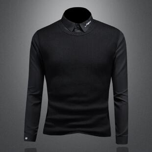 假两件衬衫男士长袖春秋季新款翻领百搭针织刺绣衬衣休闲打底内搭