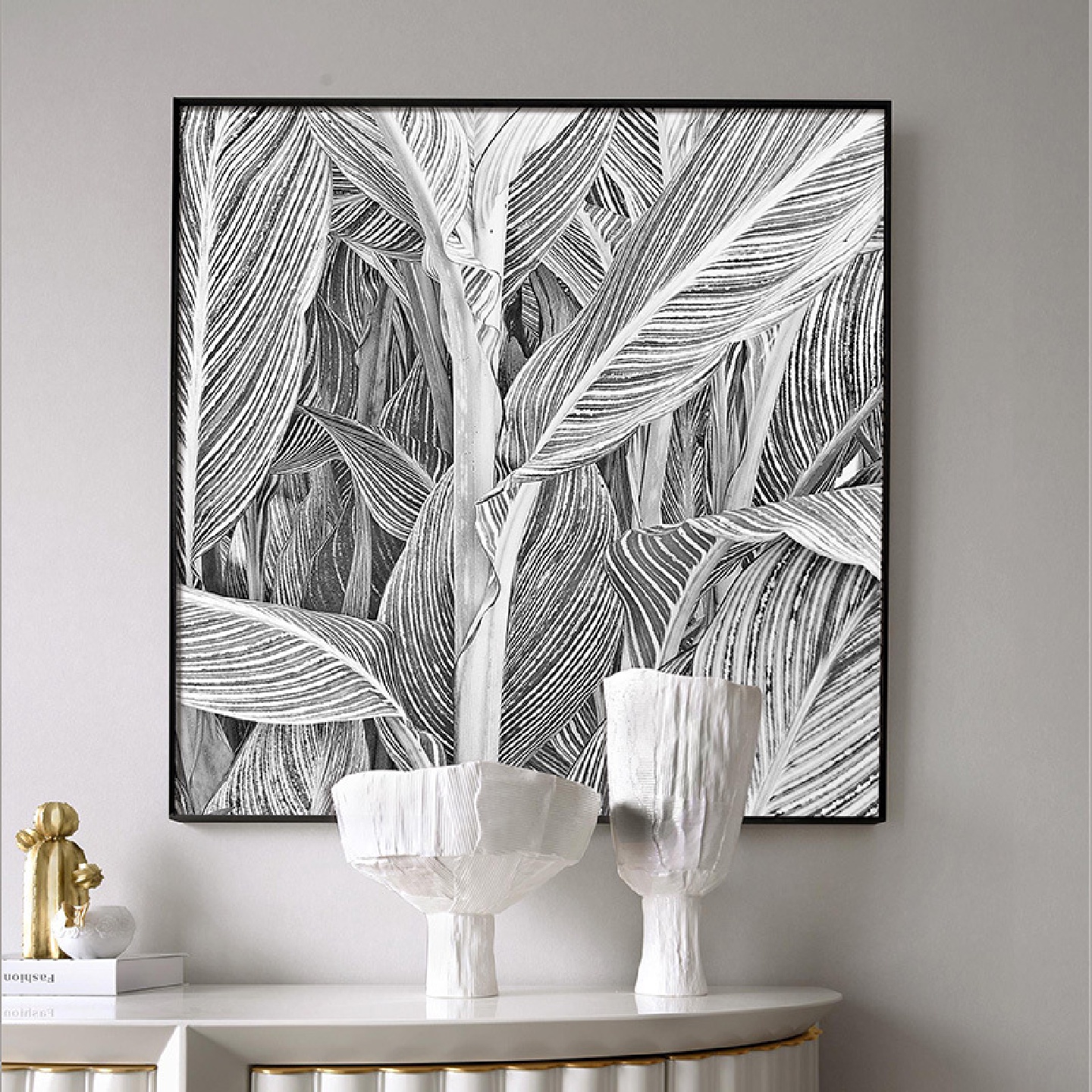 现代简约植物树叶装饰画抽象黑白线条客厅挂画餐厅样板间艺术壁画图片