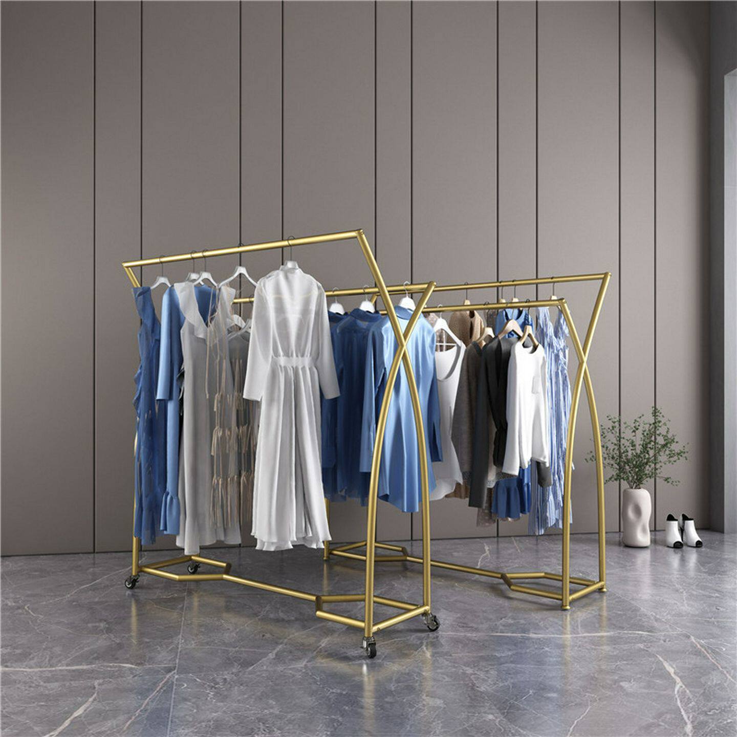 服装店展示架简约中岛架落地架双排架中间货架双杠衣架移动带轮子