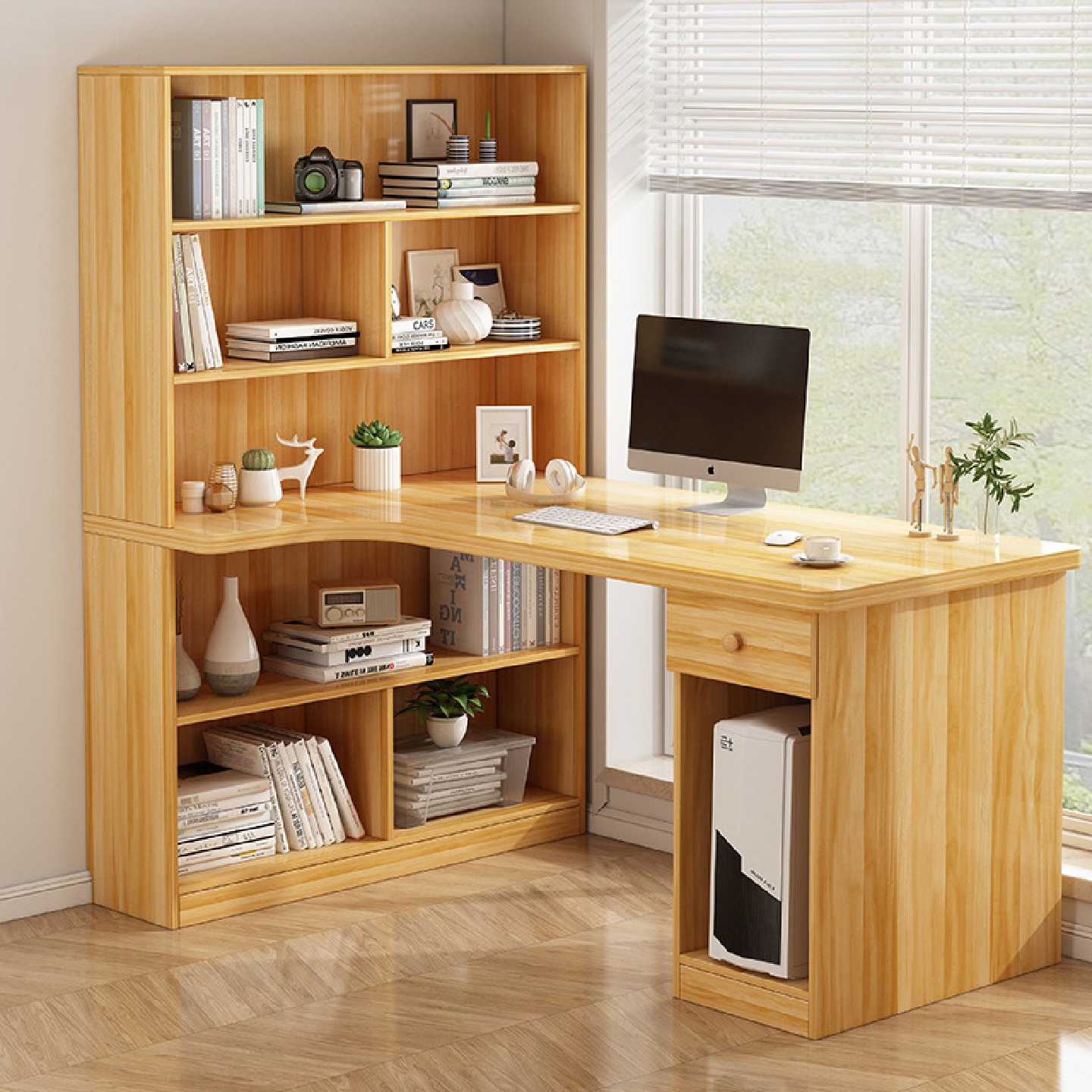 电脑台式桌写字学习书桌书架一体转角书柜组合学生家用儿童拐角l