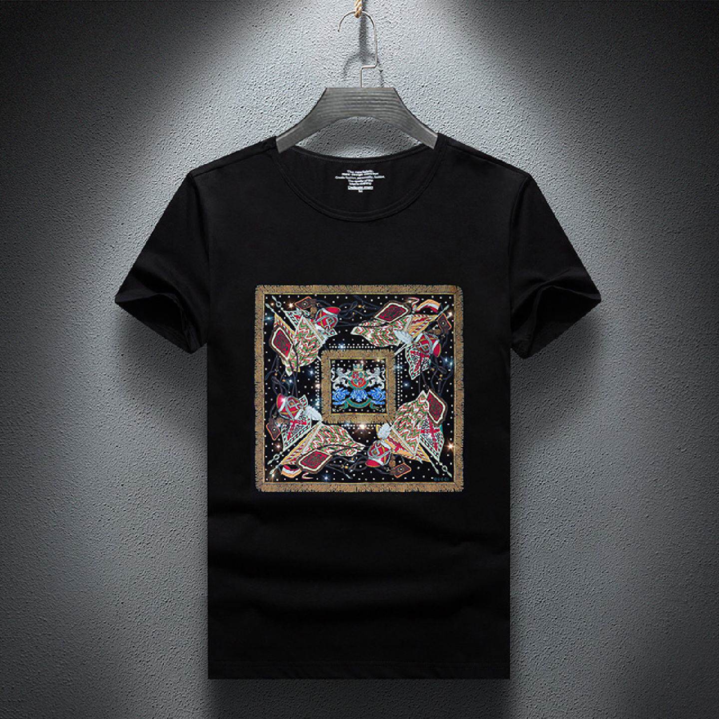 2026夏季新款短袖恤男潮牌冰丝印花烫钻修身圆领百搭休闲体恤衫潮