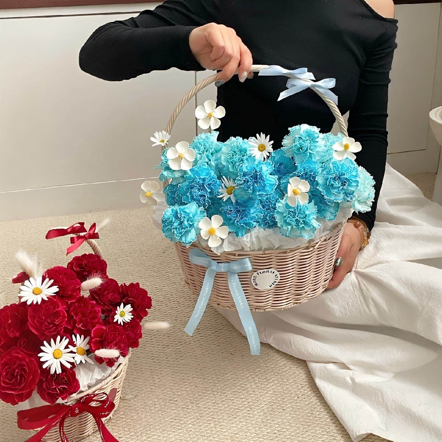 母亲节康乃馨花篮手提藤编插花篮浪漫鲜花DIY花店花艺资材送妈妈