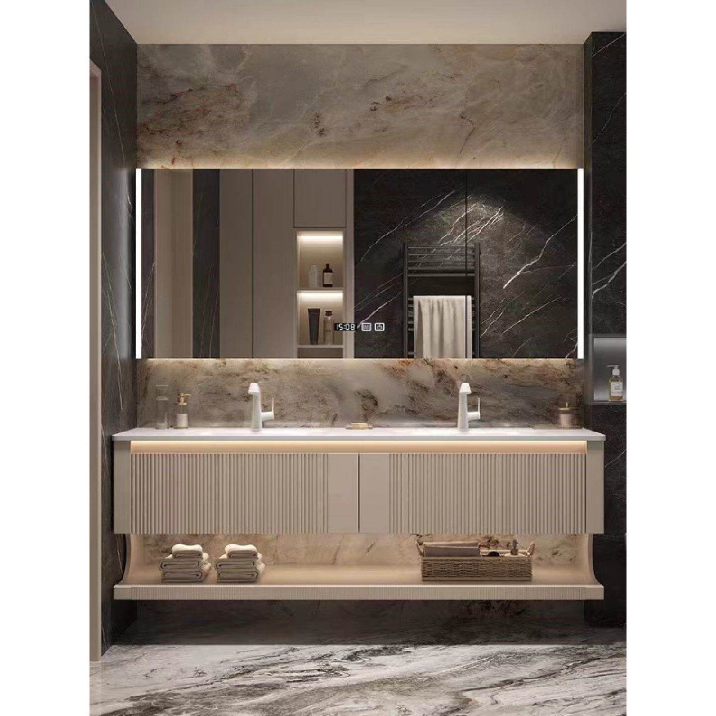 现代岩板热弯一体双盆浴室柜组合橡木烤漆卫生间洗手脸洗漱台盆柜