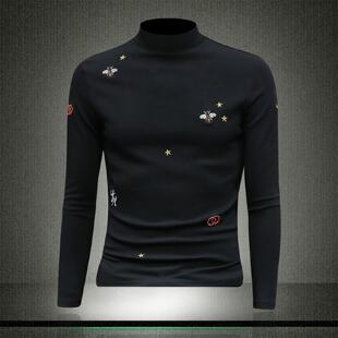 欧洲站秋冬长袖恤男士加绒小蜜蜂绣花纯棉半高领加厚内搭打底衫潮