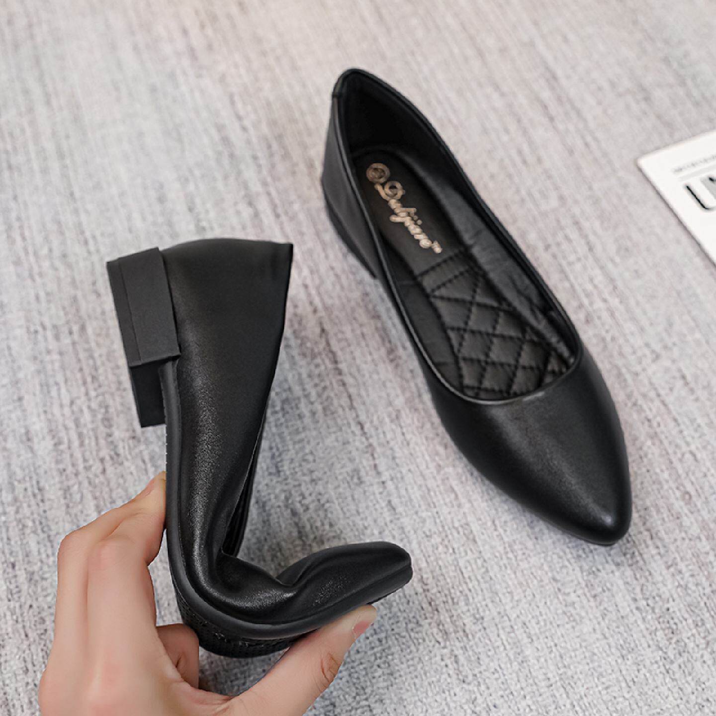 软底工作鞋女黑色尖头平底单鞋女通勤职业工装面试上班舒适软皮鞋