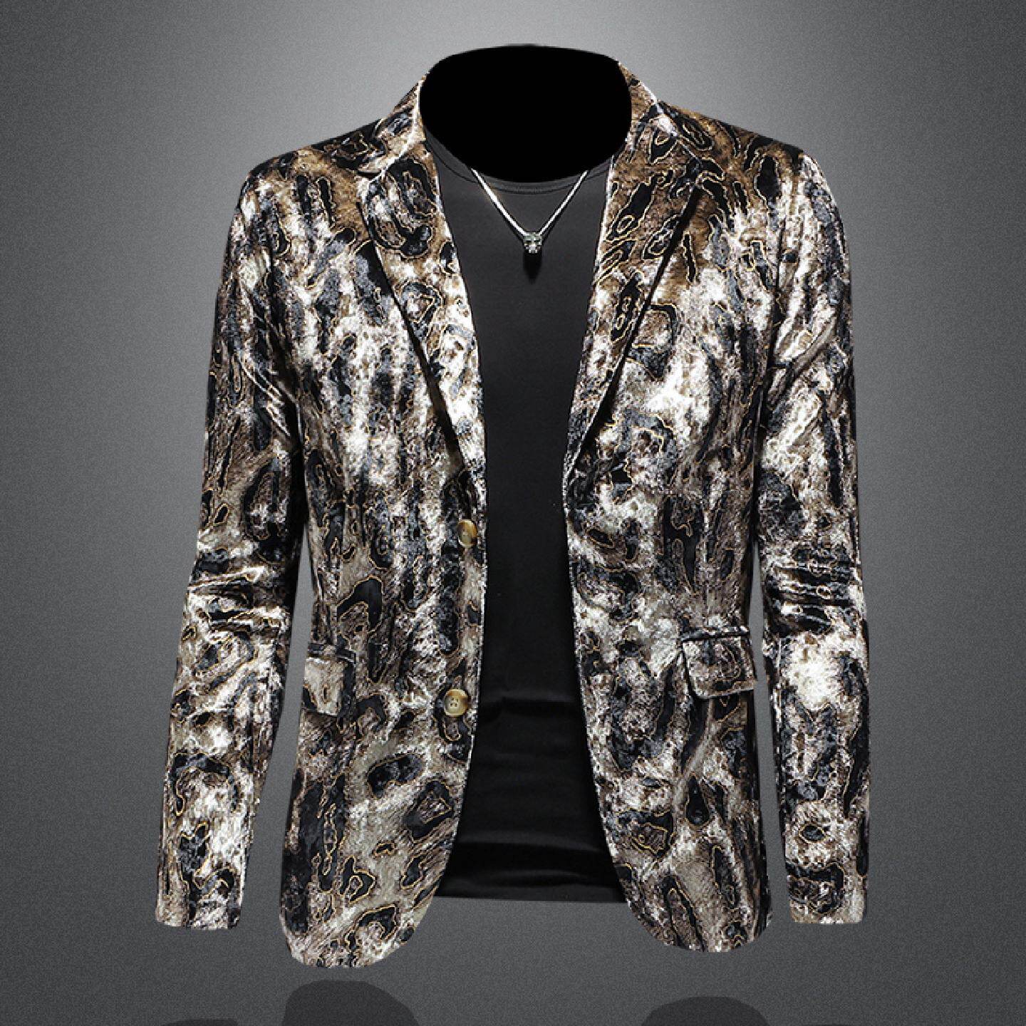 欧洲站金丝绒豹纹西服外套男士春秋新款长袖潮流休闲单件平绒西装