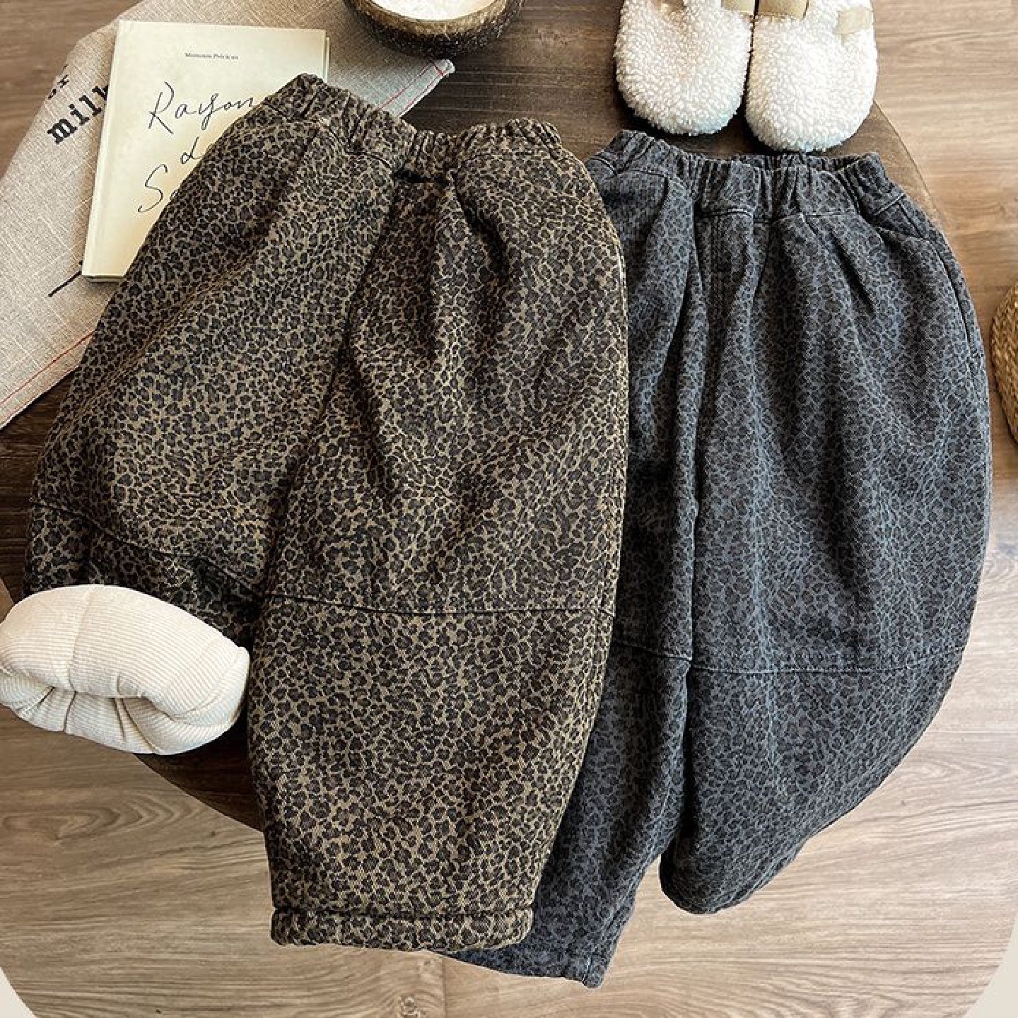 儿童豹纹冬季棉裤2024新款女宝三层夹棉保暖过冬休闲阔腿加绒裤子