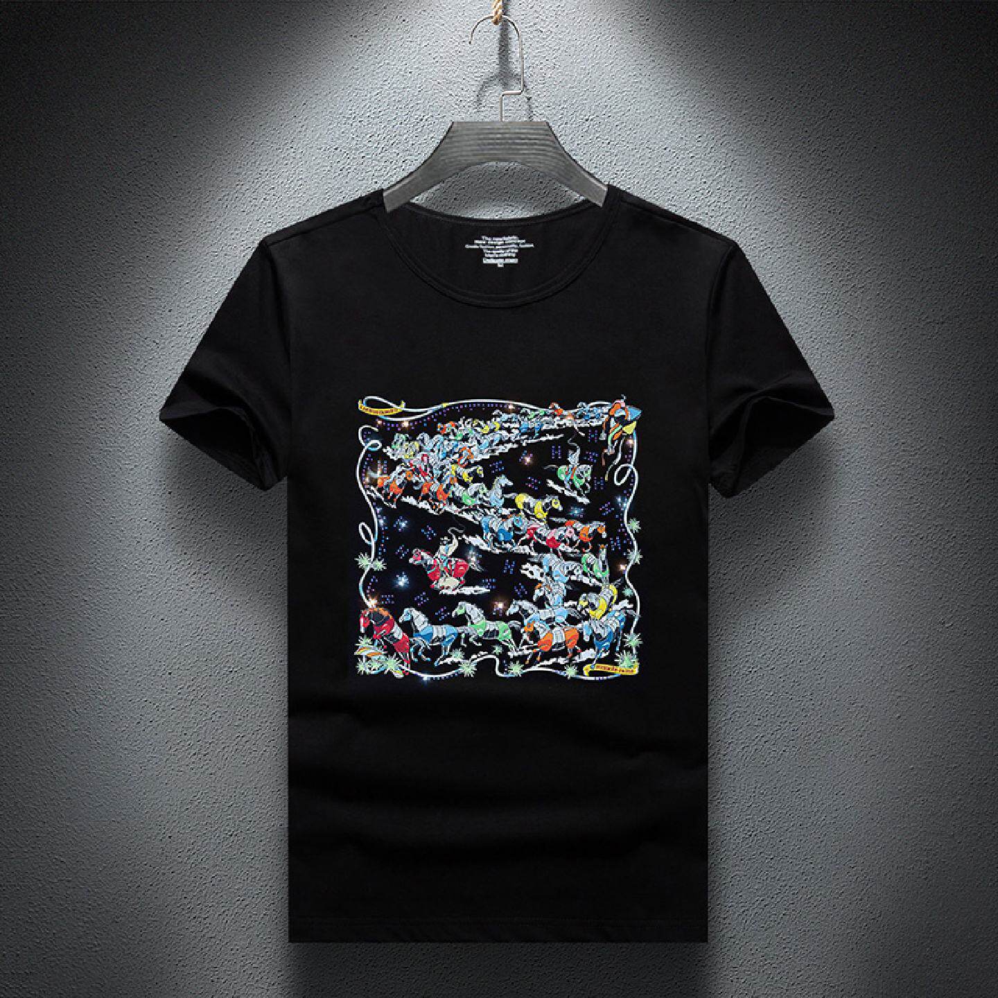 2026欧洲站时尚男士圆领短袖恤高端印花烫钻个性潮流男上衣夏季新