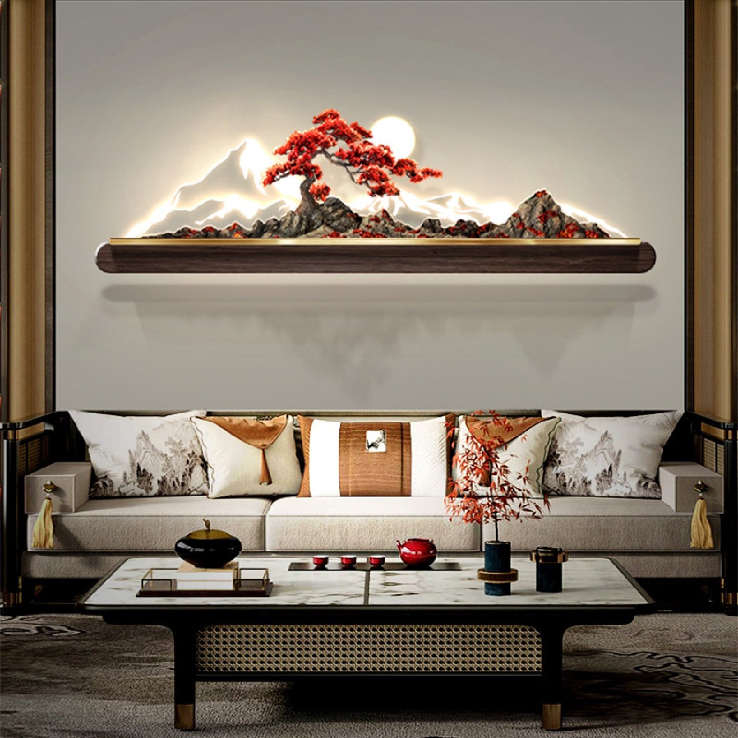 3d立体迎客松客厅装饰画高级感沙发背景墙新中式山水墙挂画寓意好