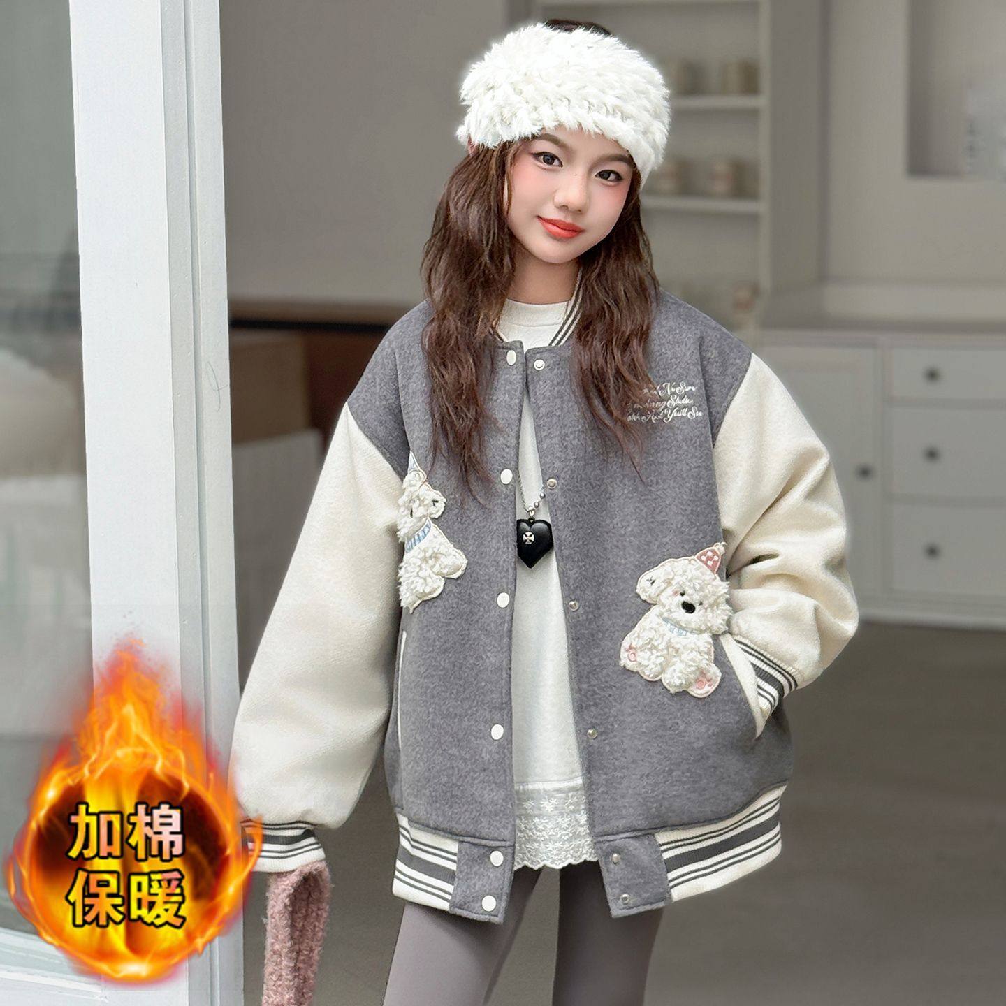 女童外套2025秋冬季新款棒球服夹棉加厚甜美韩式休闲呢子学院风潮
