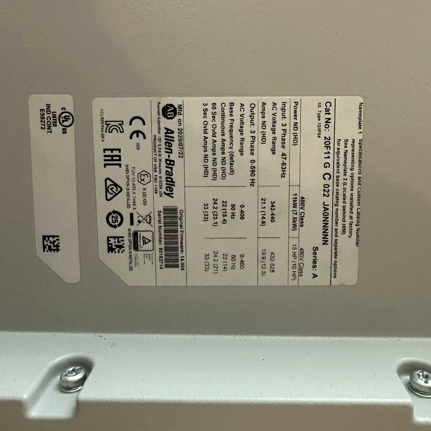 【议价】20F11GC022JA0NNNNN变频器2020年未使