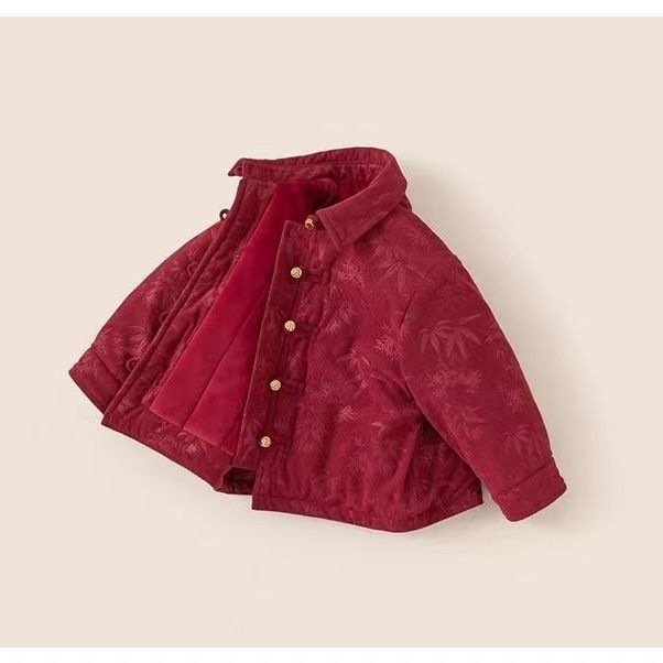 儿童唐装国风夹棉衬衫2024新年款男女宝宝加绒夹棉红色上衣拜年服