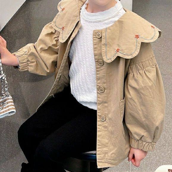 女童风衣秋装2024新款小女孩洋气韩版长袖上衣娃娃领春秋儿童外套