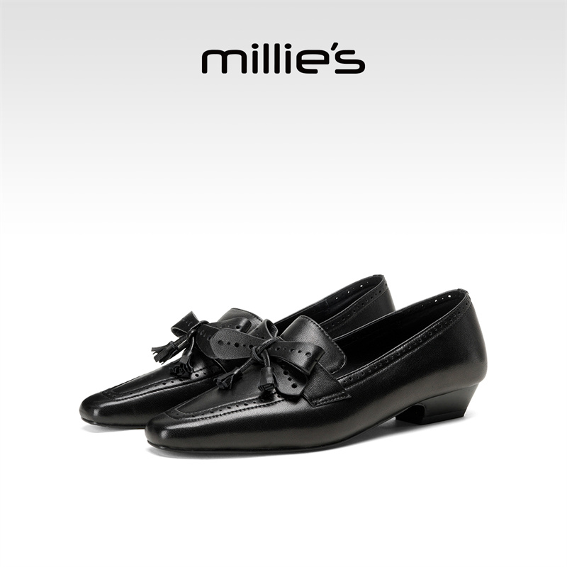 millies妙丽复古小方头单鞋粗跟