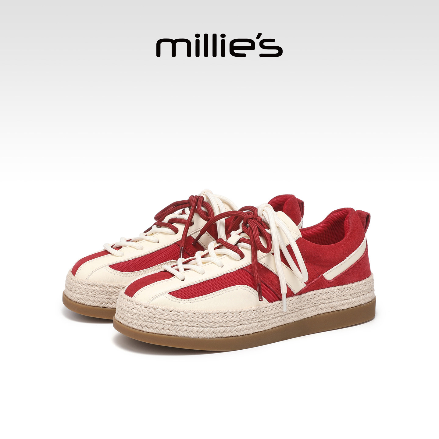 MILLIE'S/妙丽复古风红白拼色系带厚底板鞋女百搭休闲鞋春季新款,女鞋,休闲板鞋,淘宝优惠券,粉丝福利购,淘宝优惠卷