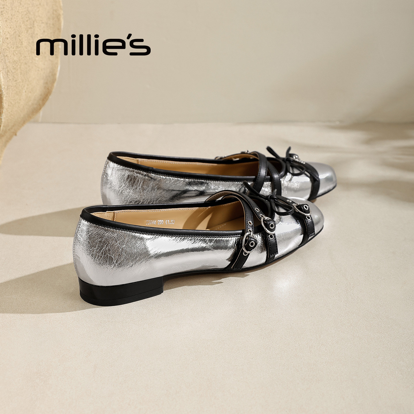 MILLIE'S/妙丽法式风交叉带铆钉玛丽珍鞋银黑色方头浅口单鞋粗跟,女鞋,玛丽珍鞋,淘宝优惠券,粉丝福利购,淘宝优惠卷