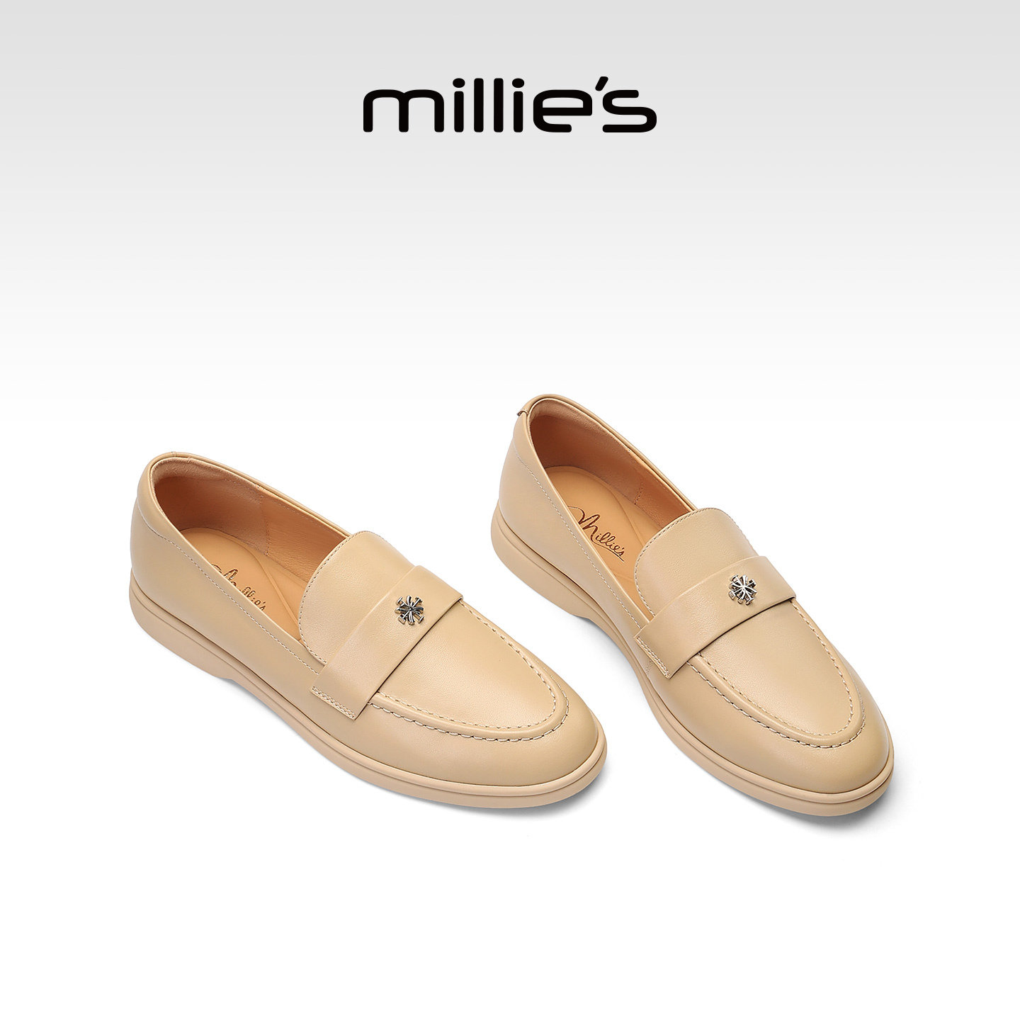 MILLIE'S/妙丽真皮乐福鞋女一脚蹬豆豆鞋百搭舒适平底单鞋老钱风