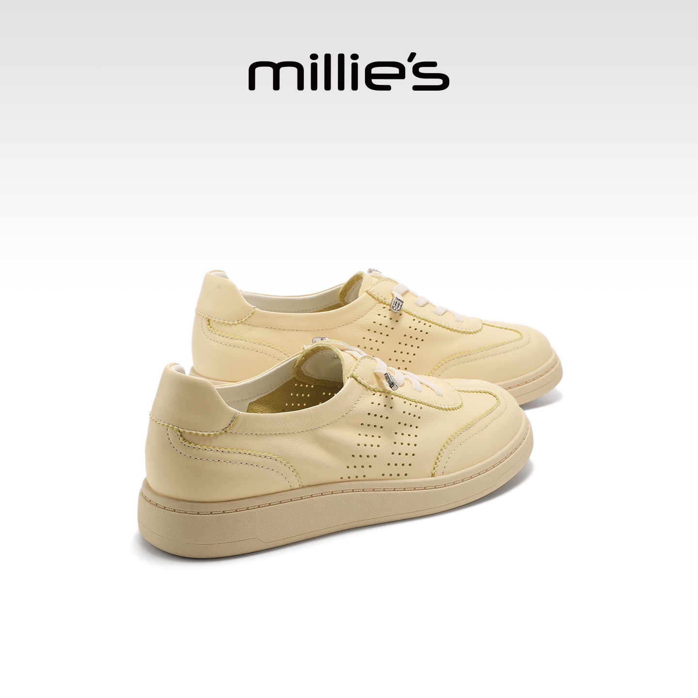 MILLIE'S/妙丽黄色真皮免系带休闲鞋女2026夏季新款百搭透气单鞋
