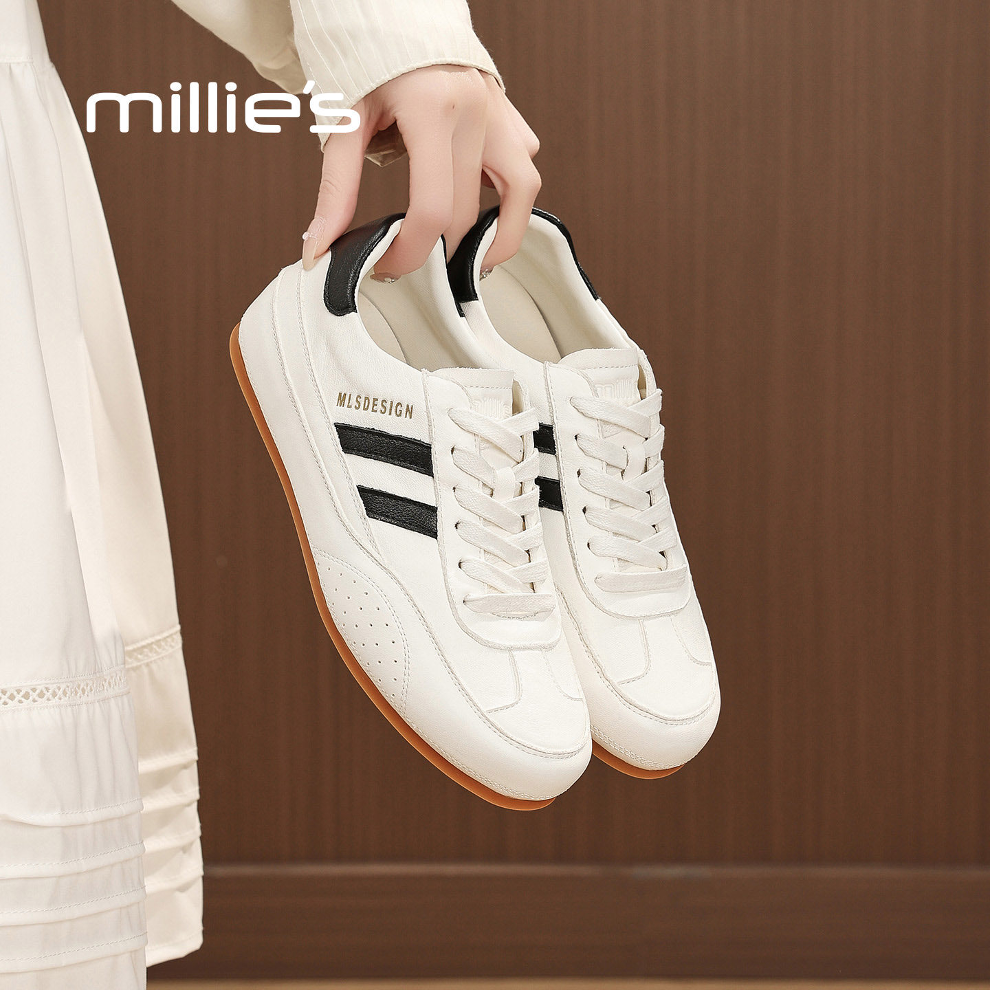 MILLIE'S/妙丽复古拼色德训鞋平底百搭真皮阿甘鞋休闲板鞋小白鞋,女鞋,休闲板鞋,淘宝优惠券,粉丝福利购,淘宝优惠卷