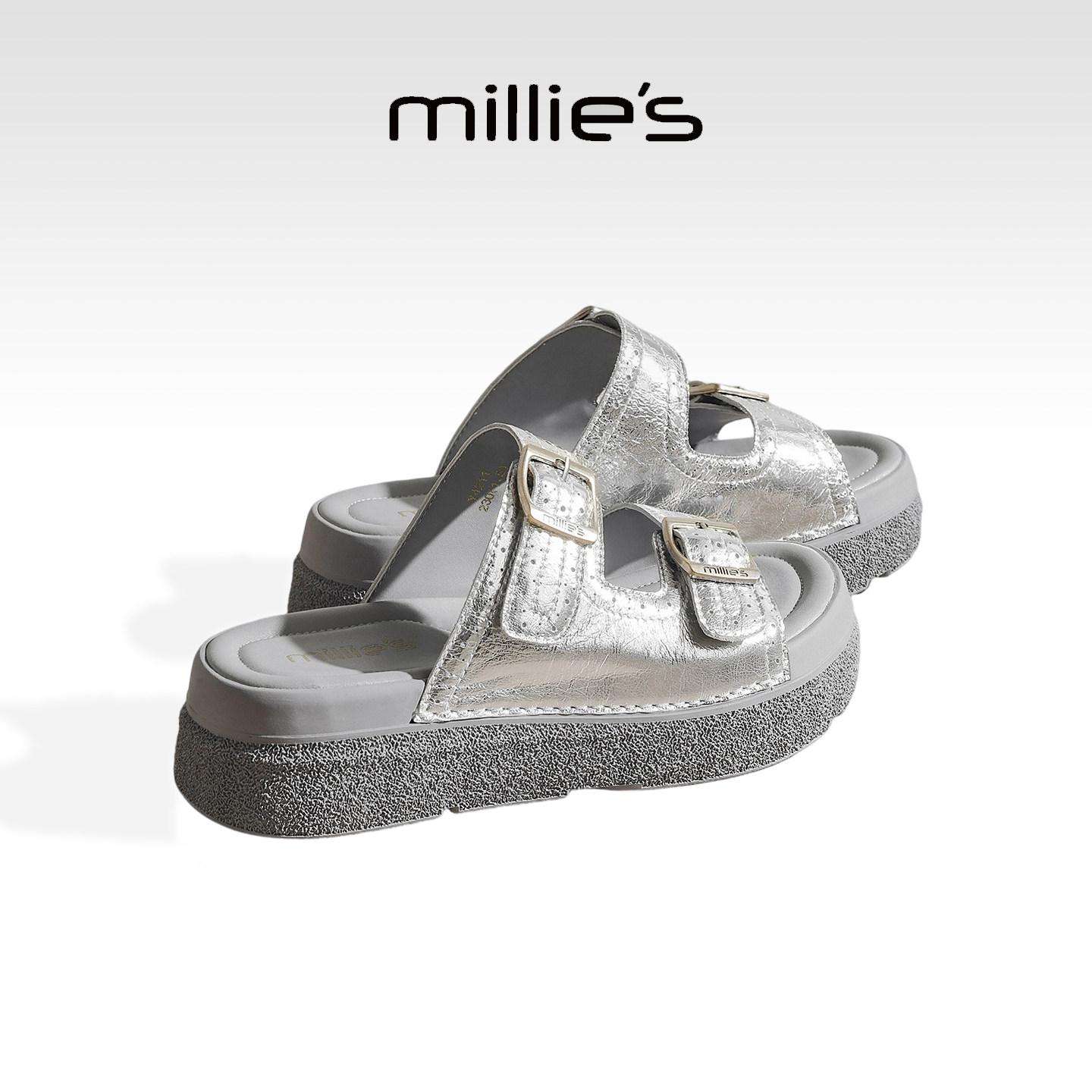 MILLIE'S/妙丽银色厚底勃肯拖鞋女2026夏季新款真皮增高外穿凉拖