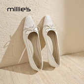 新款 妙丽法式 女款 MILLIE 春季 通勤风浅口单鞋 蝴蝶结粗跟真皮鞋
