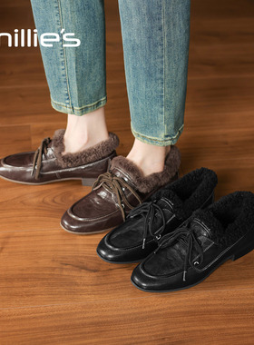 millies妙丽女士加绒小皮鞋2025年冬季新款乐福鞋保暖毛毛鞋棉鞋