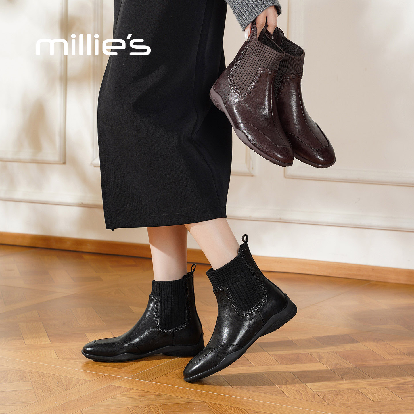 millies妙丽黑色加绒时装靴