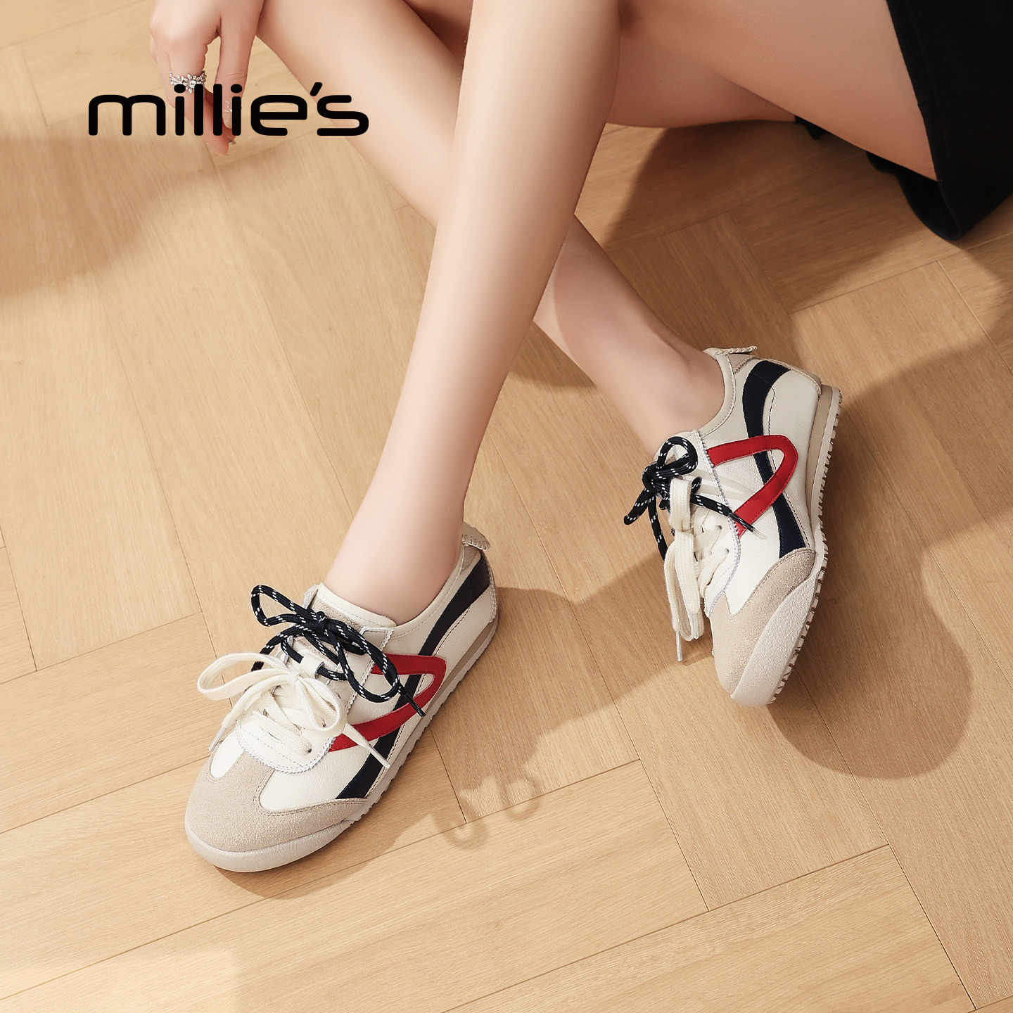 MILLIE'S/妙丽德训鞋女鞋平底鞋系带休闲百搭运动鞋米蓝深口单鞋,女鞋,德训鞋,淘宝优惠券,粉丝福利购,淘宝优惠卷