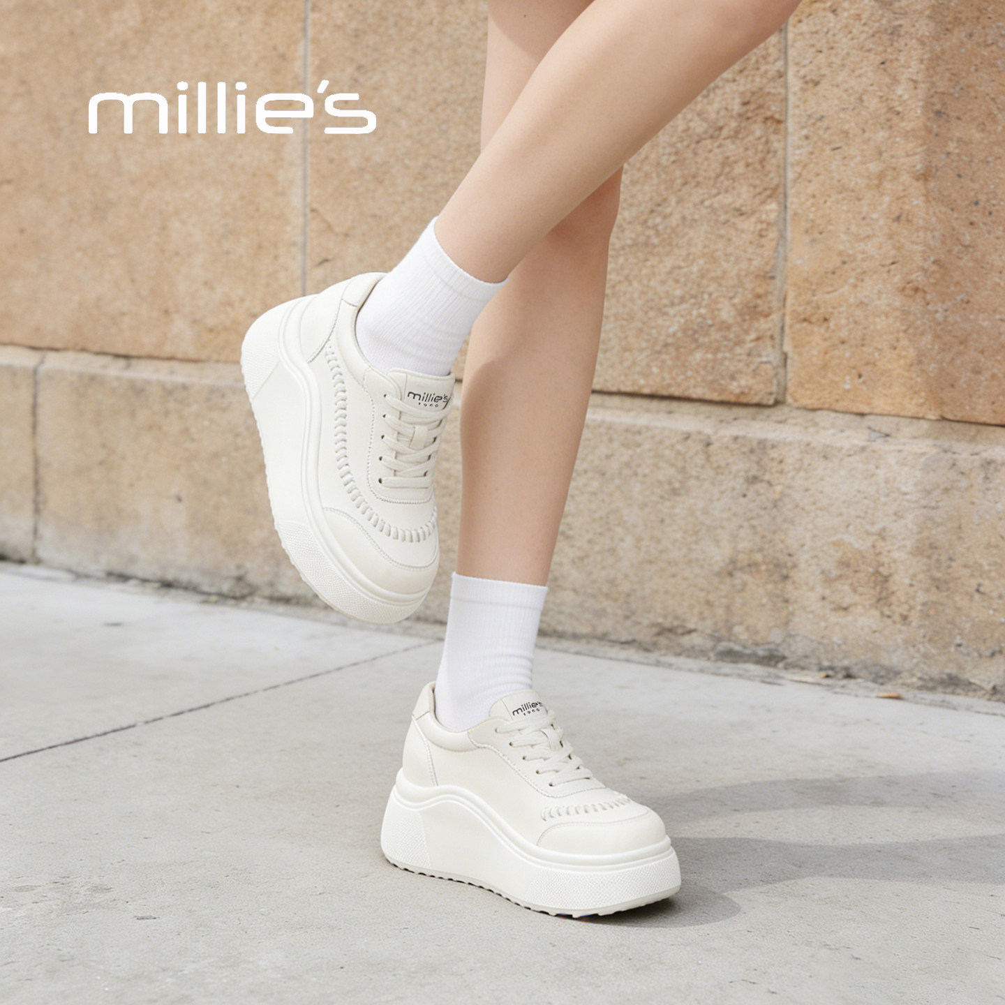 MILLIE'S/妙丽厚底小白鞋女款百搭增高真皮休闲板鞋2026春季新款