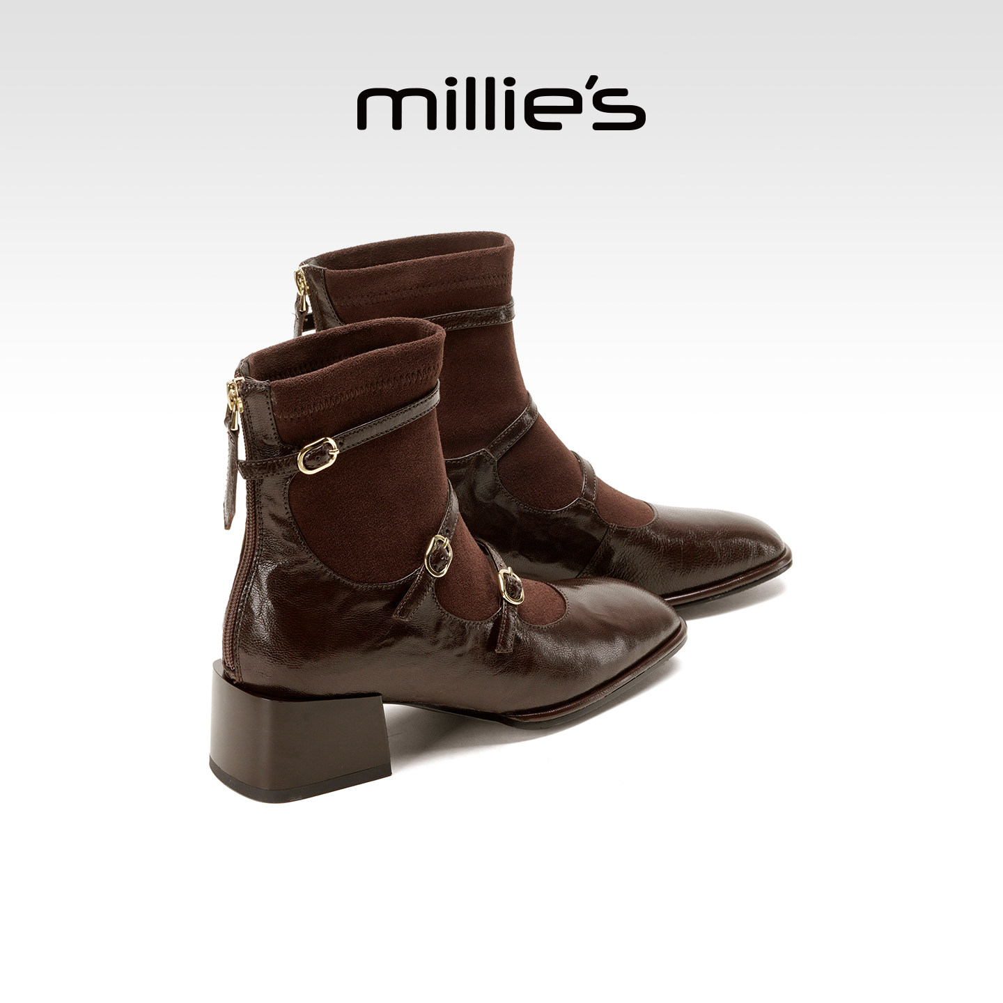 millies妙丽英伦风时装靴女款冬季加棉粗跟切尔西靴子裸靴弹力靴