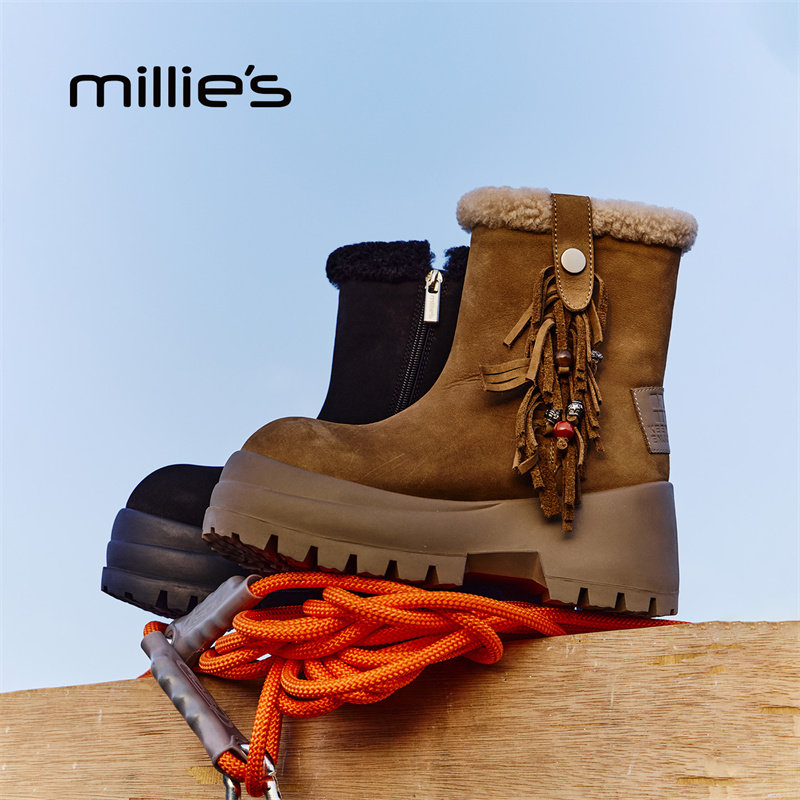 millies妙丽雪地靴女皮毛一体加绒中筒加厚冬季新款保暖毛毛靴子