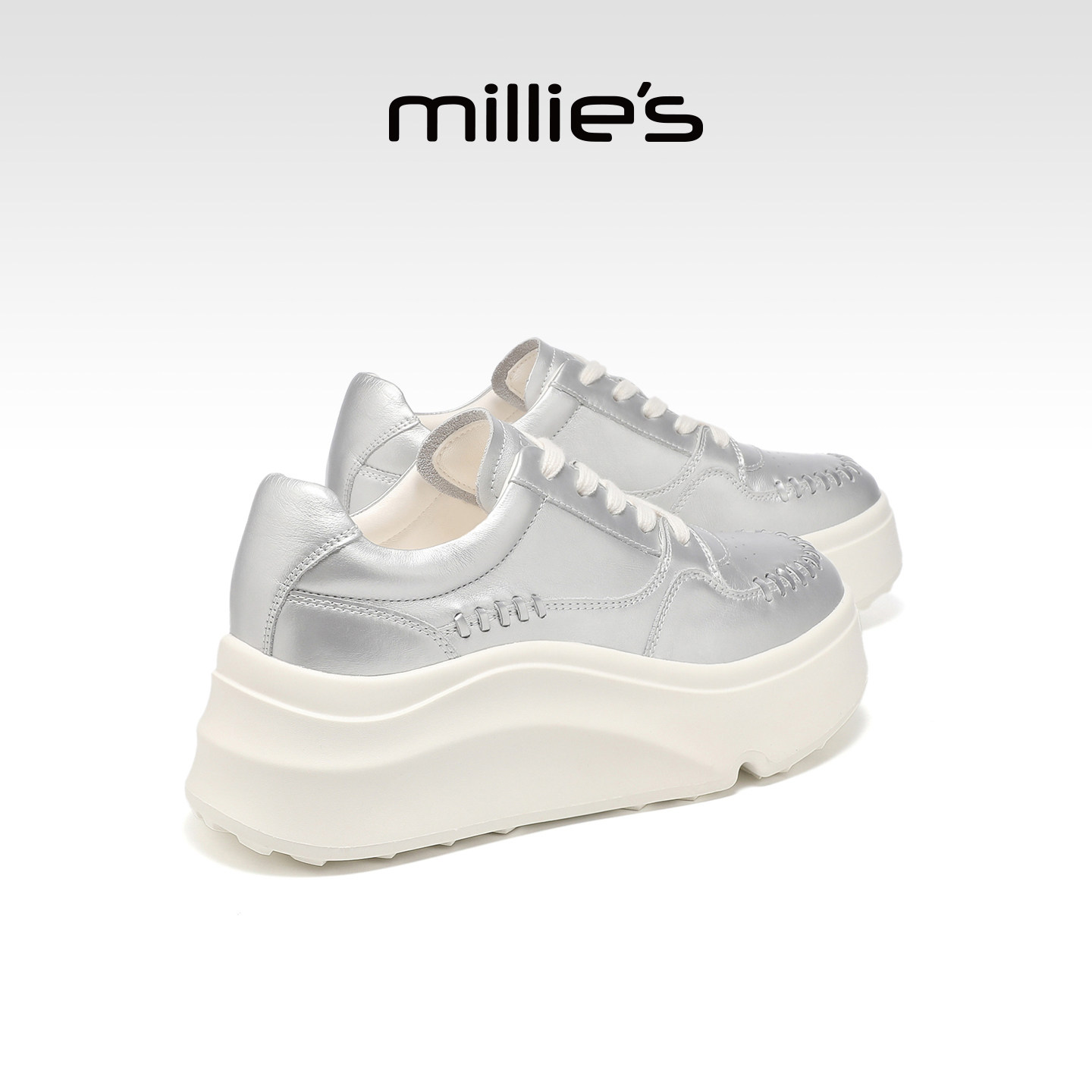 MILLIE'S/妙丽银色厚底休闲鞋春季新款小个子增高显脚小百搭板鞋