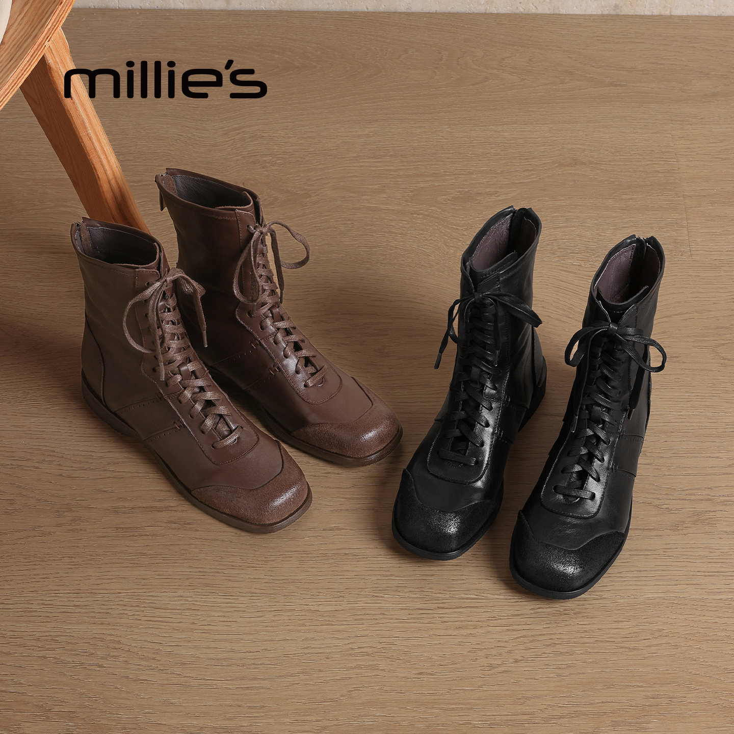 millies妙丽女鞋2025年秋冬季新款加绒保暖圆头女靴子厚底短筒靴