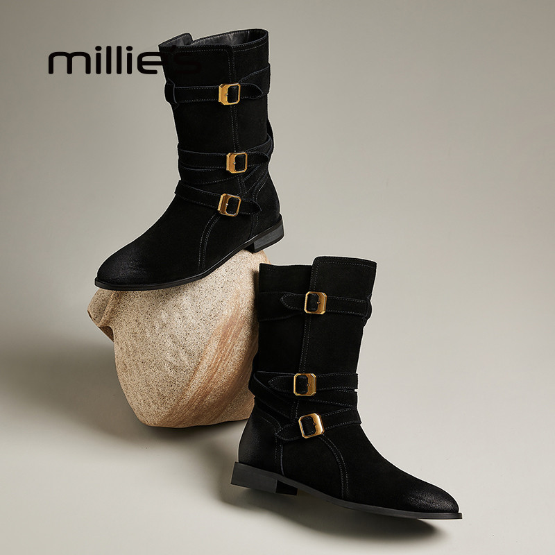millies妙丽女鞋秋冬新款加绒加厚保暖2025年秋冬新款复古牛仔靴,女鞋,骑士靴,淘宝优惠券,粉丝福利购,淘宝优惠卷