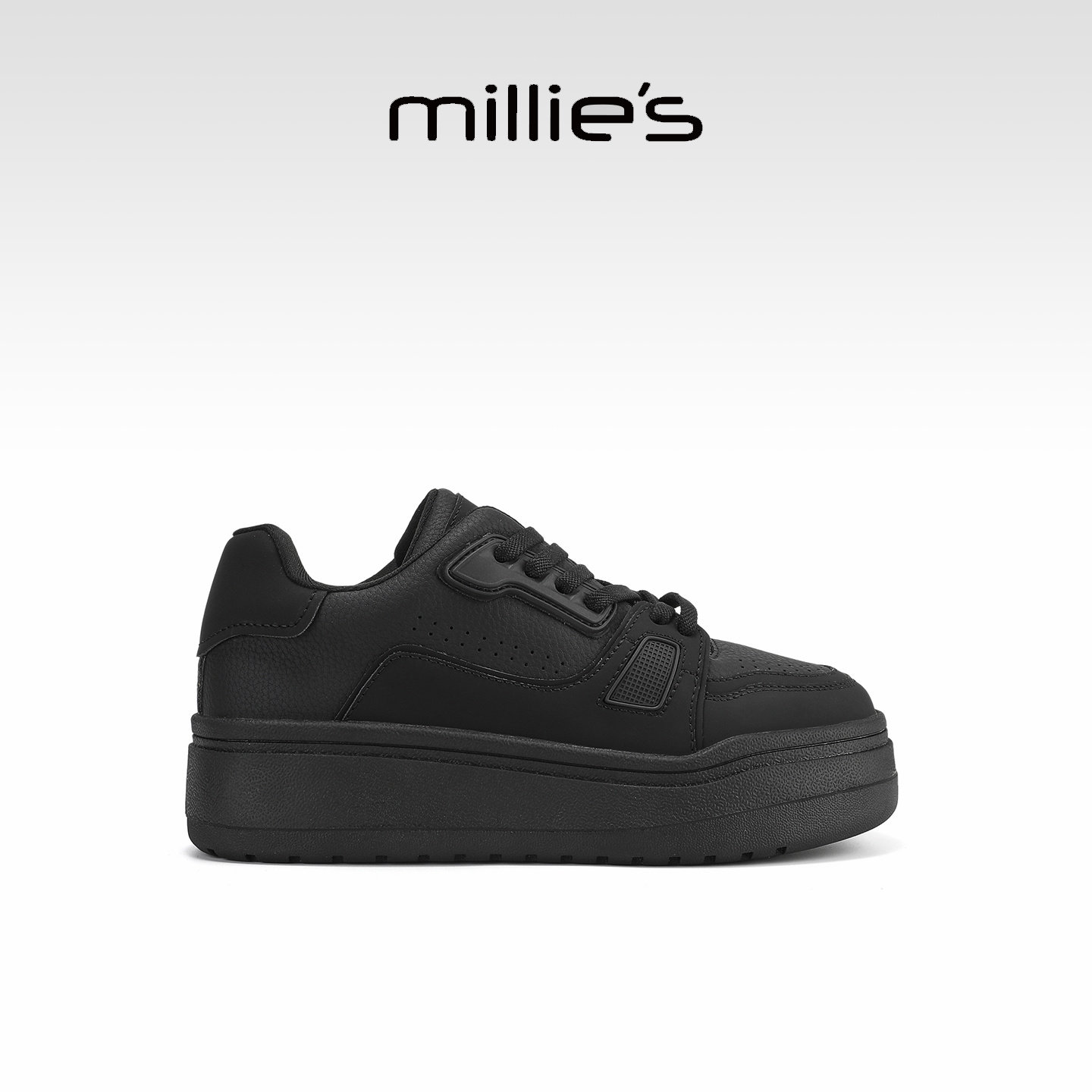 MILLIE'S/妙丽2026春季黑色厚底板鞋女款休闲增高鞋系带小皮鞋女