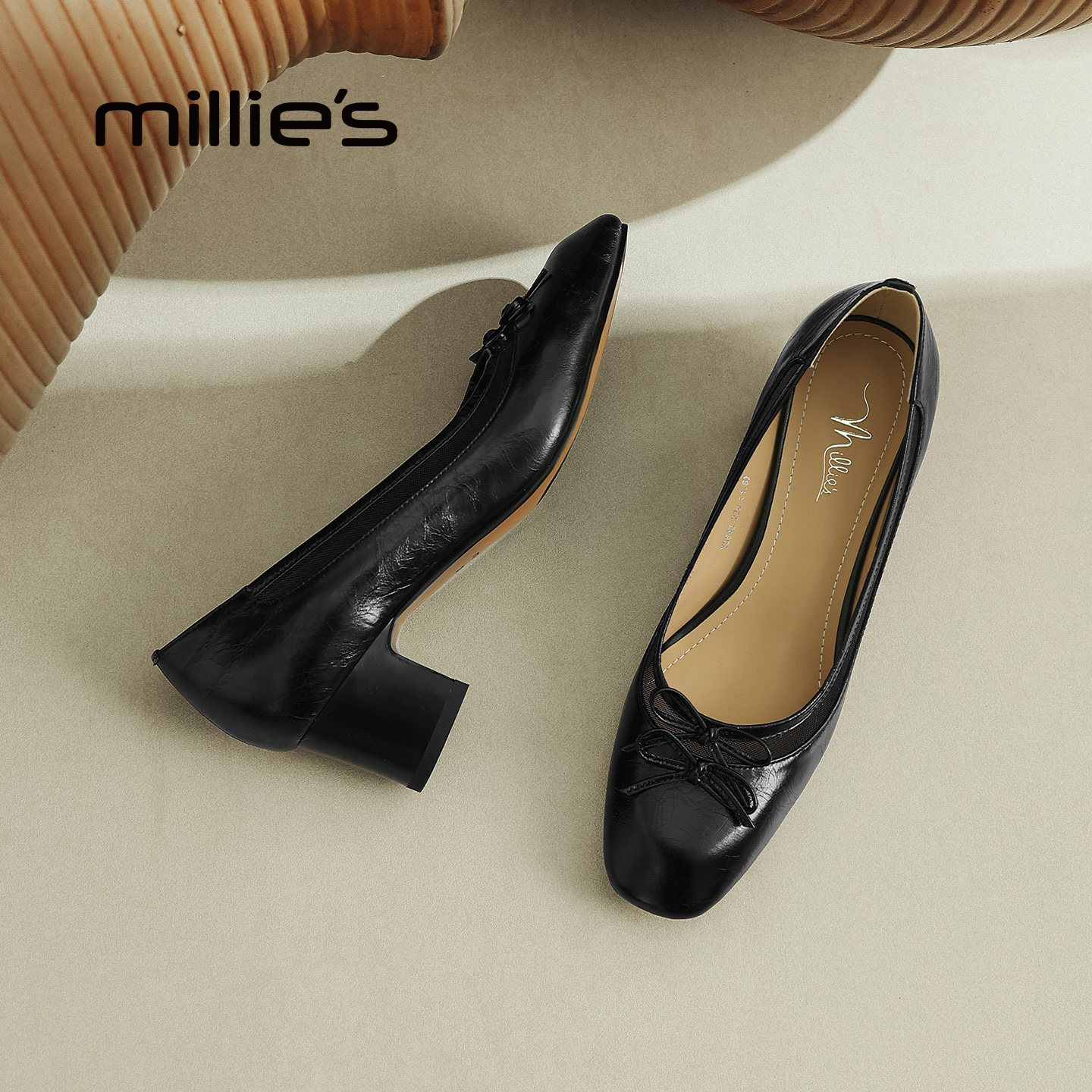 MILLIE'S/妙丽黑色真皮玛丽珍鞋女法式芭蕾风平底浅口单鞋高跟鞋,女鞋,玛丽珍鞋,淘宝优惠券,粉丝福利购,淘宝优惠卷