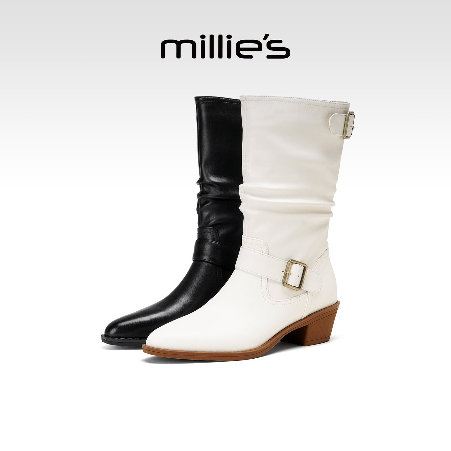 millies妙丽皮带扣尖头机车短靴