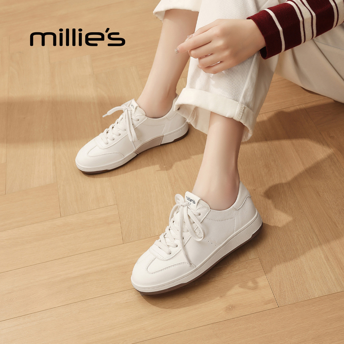 MILLIE'S/妙丽白色系带休闲板鞋女款简约百搭小白鞋2026春夏新款
