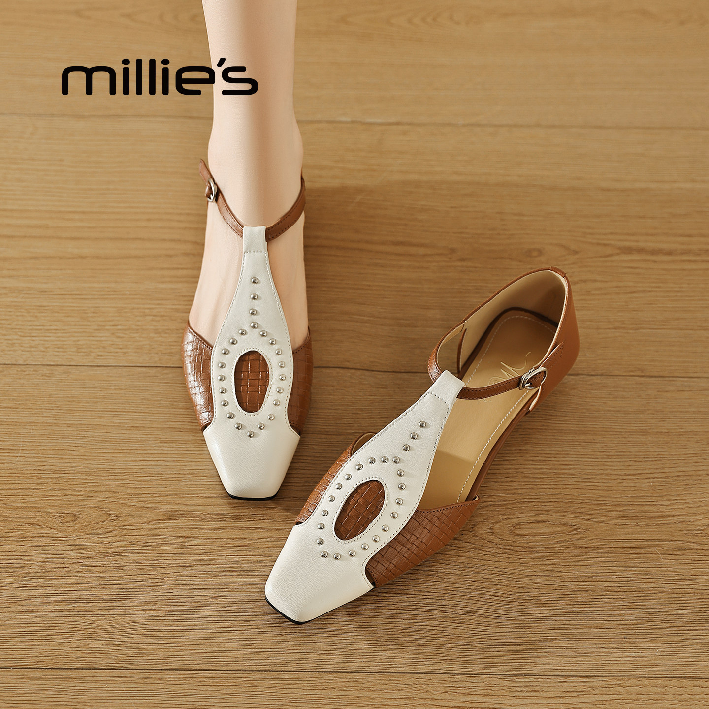 MILLIE'S/妙丽真皮低跟包头凉鞋女款夏季设计感小众气质女士时装