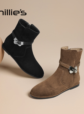 millies妙丽高级感短靴女2025冬季新款时尚马丁靴加绒切尔西靴子