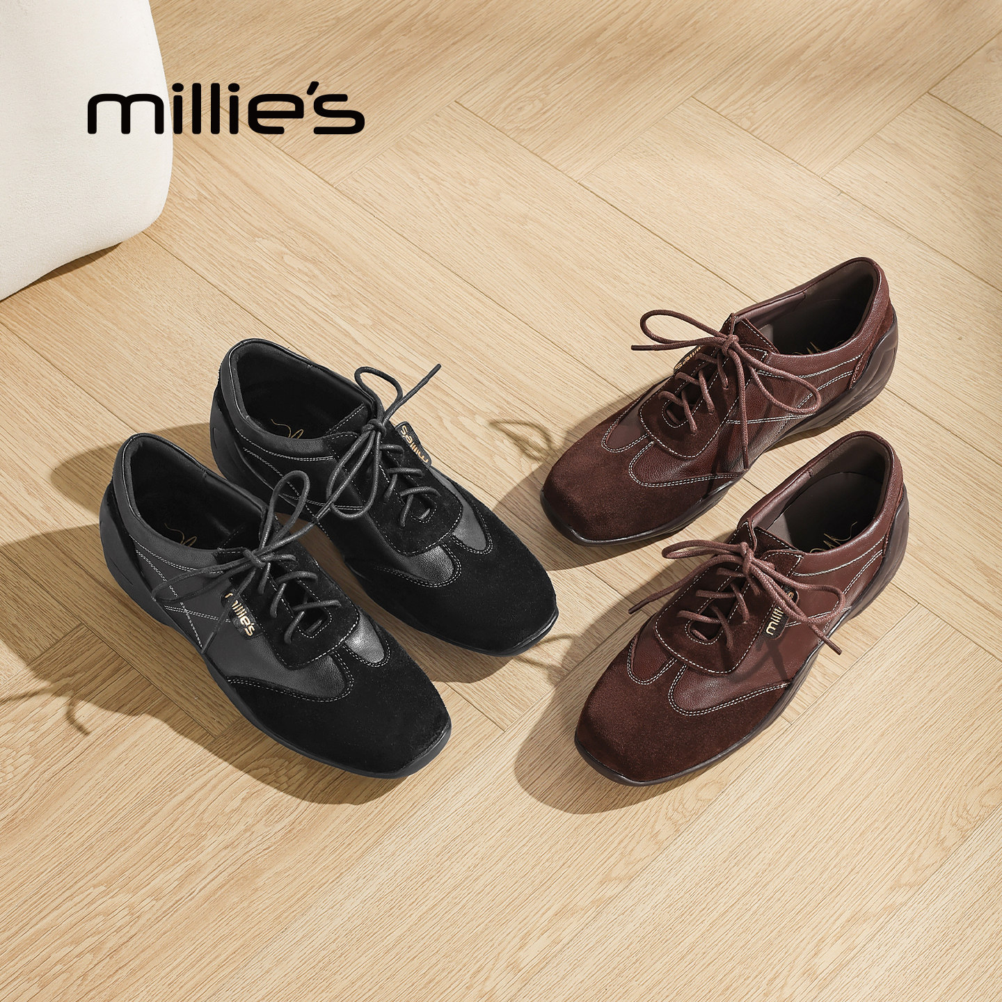 millies妙丽真皮拼接厚底休闲鞋2026年新款小个子增高复古德训鞋