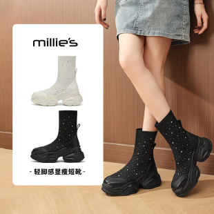 气质短筒弹力靴高跟百搭圆头女靴 时尚 millies妙丽女鞋 2025年新款