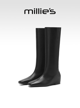 millies妙丽真皮加绒女靴子2025年冬季新款复古方头高筒靴骑士靴